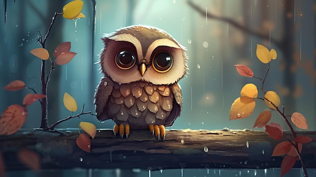 An owl sits on a branch in the rain.