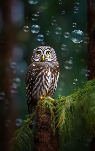 A owl sits on a branch surrounded by bubbles.