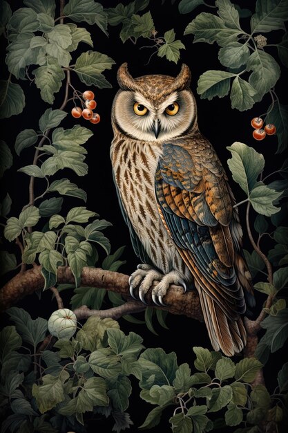 Photo an owl sits on a branch with berries in the background