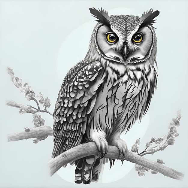 An owl sits on a branch with a white background