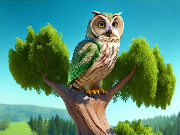 漫画風の 3D イラストで、晴れた夏の日に緑の木の枝にフクロウが座っています。