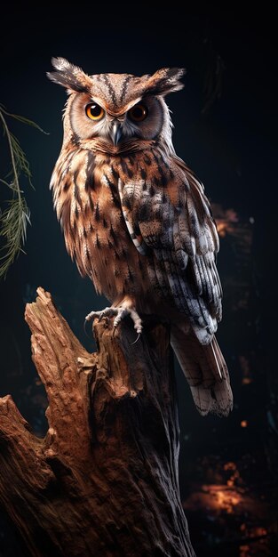 Photo a owl sits on a log in the dark