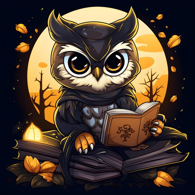 an owl sits on a pile of books with a yellow background with a full moon behind it