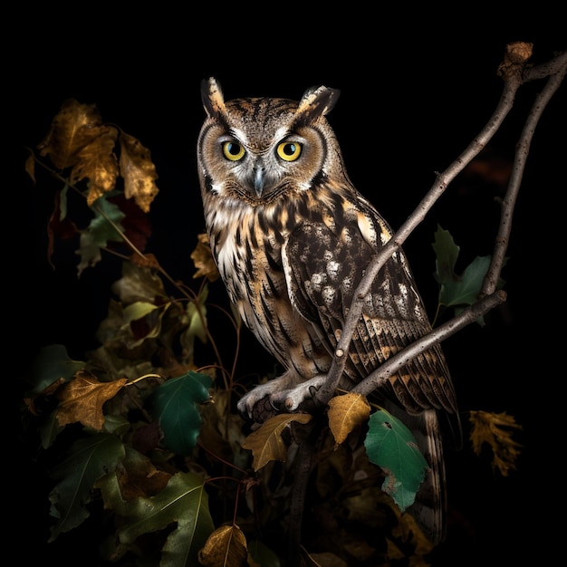 An owl sits right on a tree branch and looks at the camera