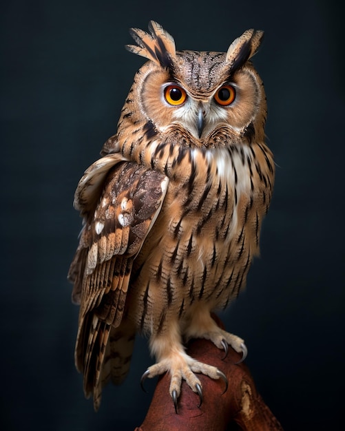 An owl sits right on a tree branch and looks at the camera