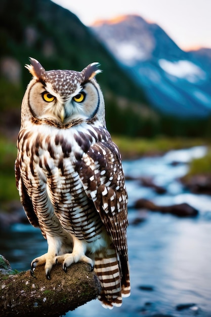 A owl sits on a rock in front of a mountain.