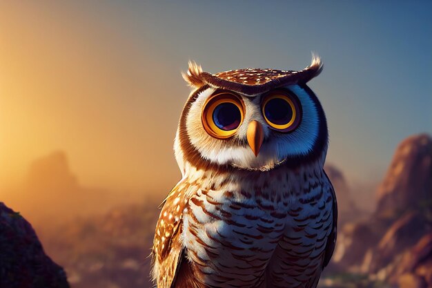 An owl sits on a rocky hill under an orange sky at sunset 3d illustration