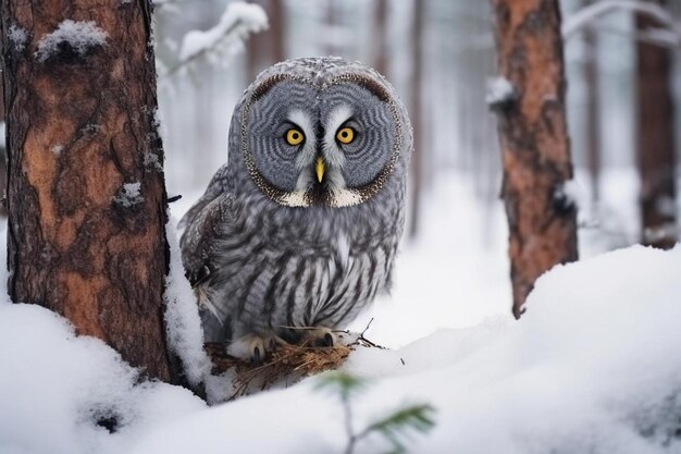 Photo an owl sits in the snow in front of a tree