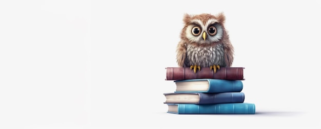 An owl sits on a stack of books on a white background Banner place for text