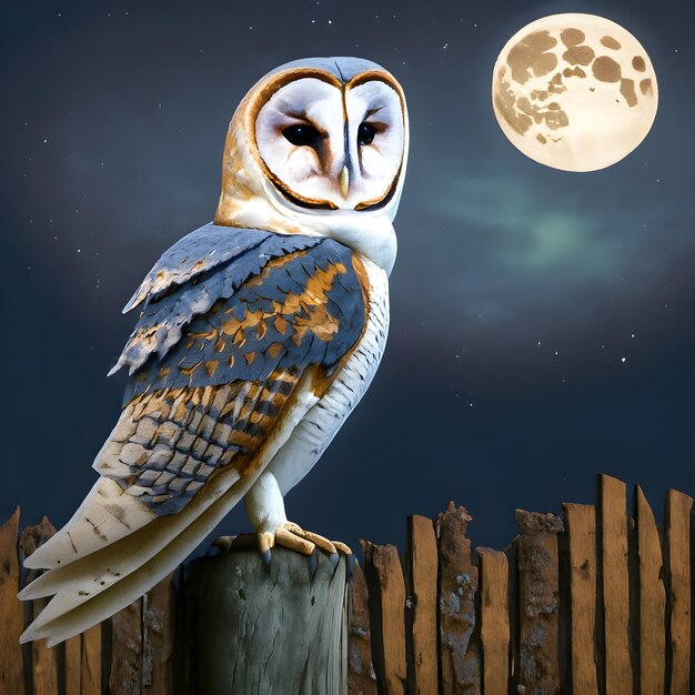 a owl sits on a stump with a full moon in the background