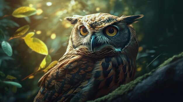 An owl sits in a tree with green leaves in the background.