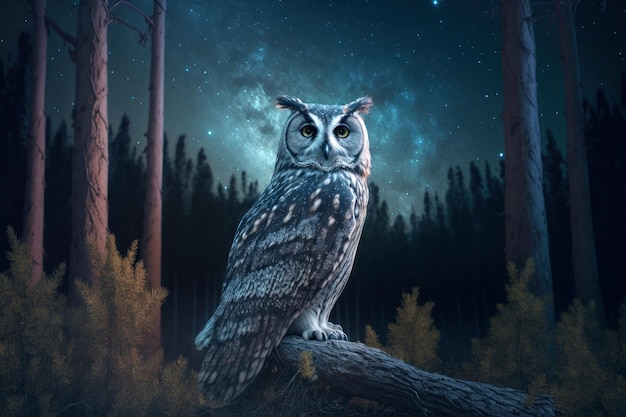 올빼미는 별과 달을 배경으로 밤 숲 한가운데 쓰러진 나무 줄기에 앉아 있습니다. Generative AI