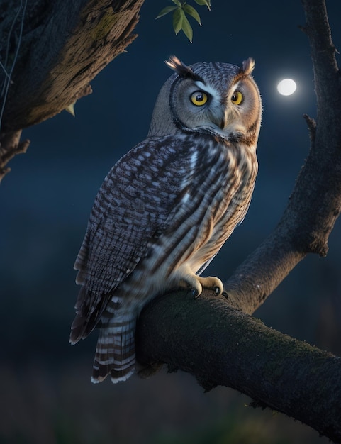 An owl sitting on a branch against the background of the moon