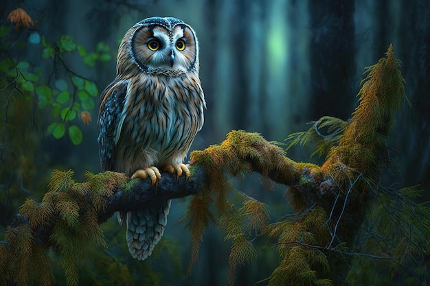 Owl sitting on a branch in a forest Animal and nature concept wisdom and intelligence mysticism and spirituality natural habitat and environment Generative AI