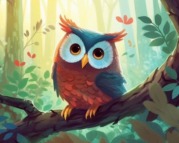 An owl sitting on a branch in a forest with leaves generative ai