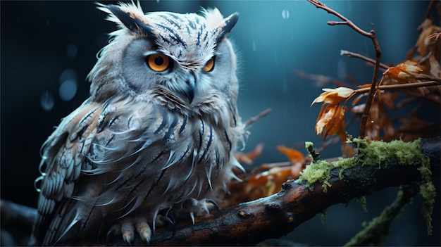 Owl sitting on a branch in the rain with yellow eyes