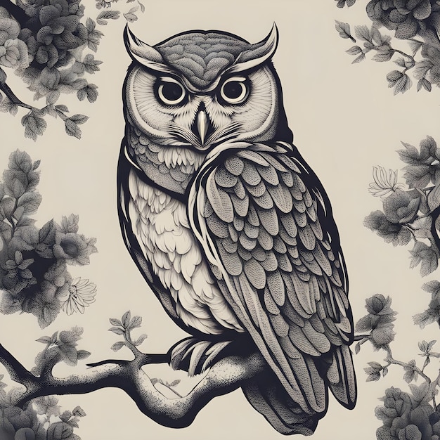 Owl sitting in the branch sketch