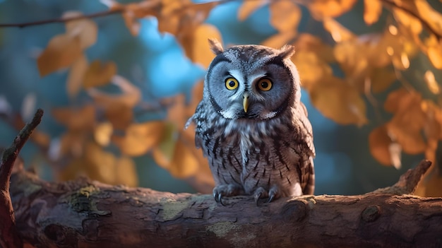 a owl sitting on a branch in the woods