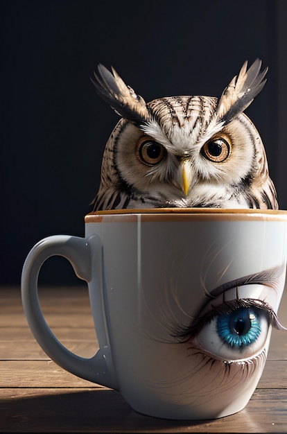 a owl sitting in a cup with a blue eye on it's face and a feather on its head with a black backgrou