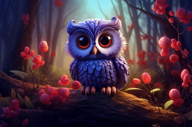 owl sitting in the forest fairytale scene