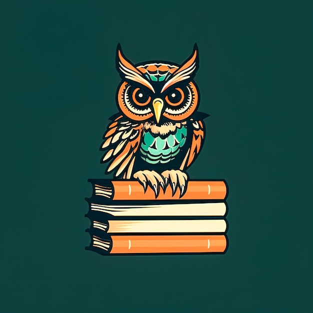 Photo owl sitting on a stack of books flat design logo generative ai