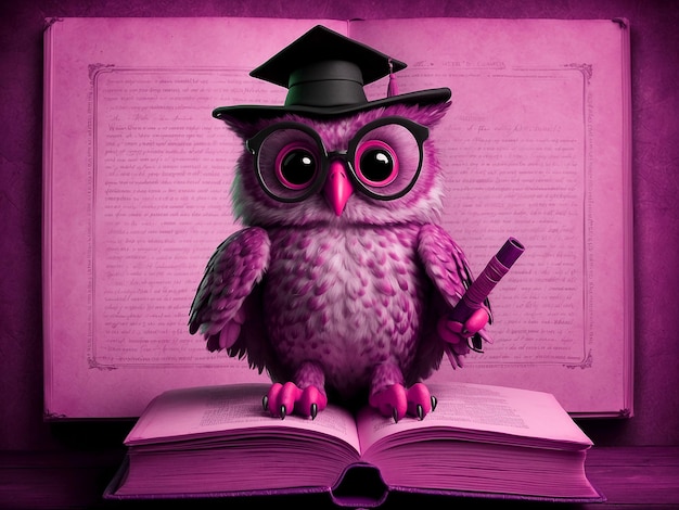 Owl sitting on top of books wearing schooler identical cap hat