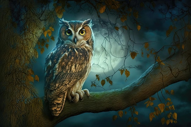 Owl sitting on tree branch its eyes shining in the moonlight