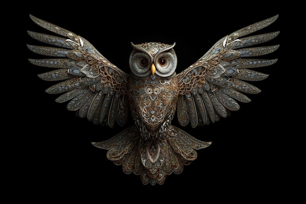 The owl spreads its wings over its entire body in a beautifully shiny metal ornament Wild Animals Birds Illustration Generative AI