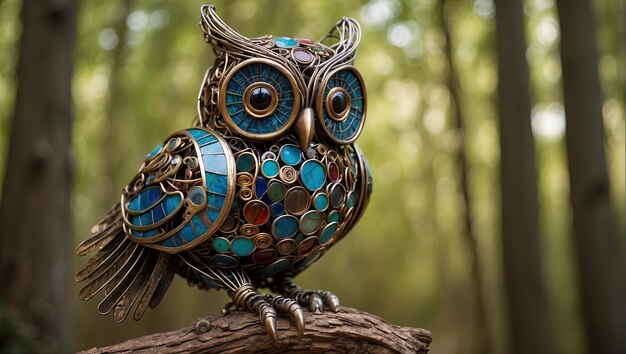 an owl statue sitting on top of a tree branch