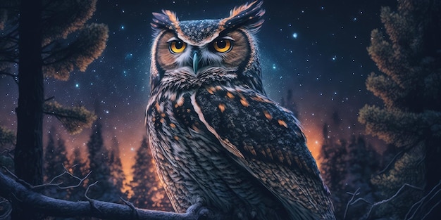 The owl surrounded by forest at night