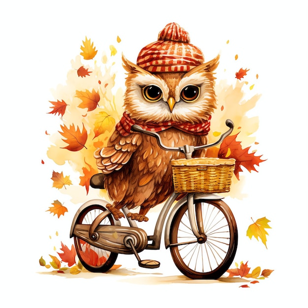 Owl on swing in autumn woodland