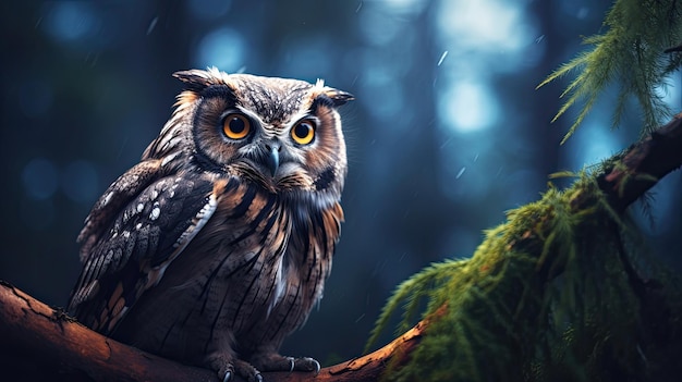 owl on a tree branch with rain drops