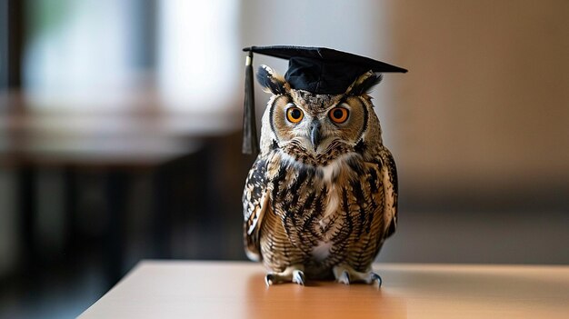 An owl wearing a bachelor cap for graduation concept