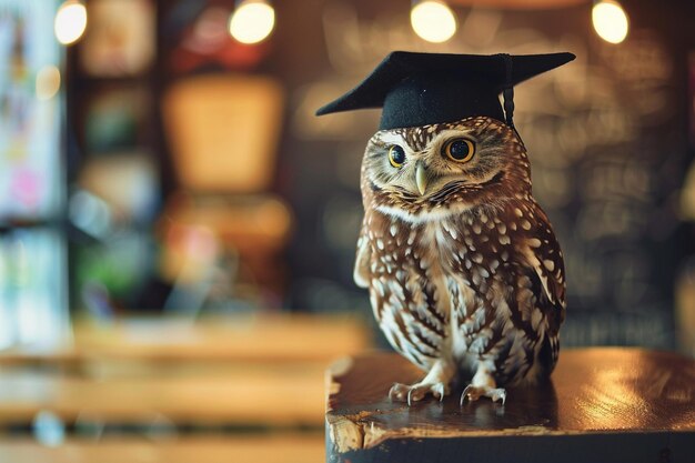 An owl wearing a bachelor cap for graduation concept