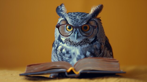 Photo owl wearing glasses reading book