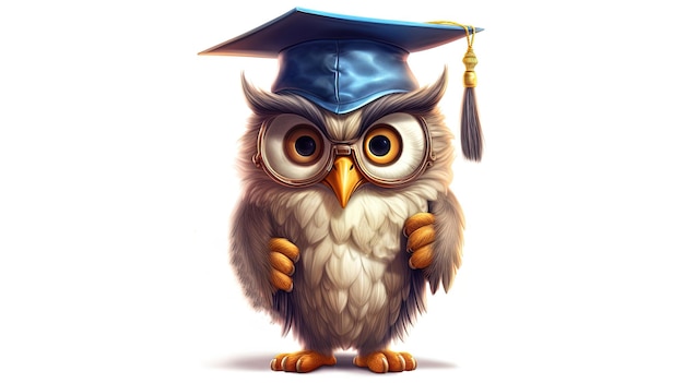 Owl wearing a graduation cap and holding a diploma on white background Cartoon character Cartoon illustration Generative Ai