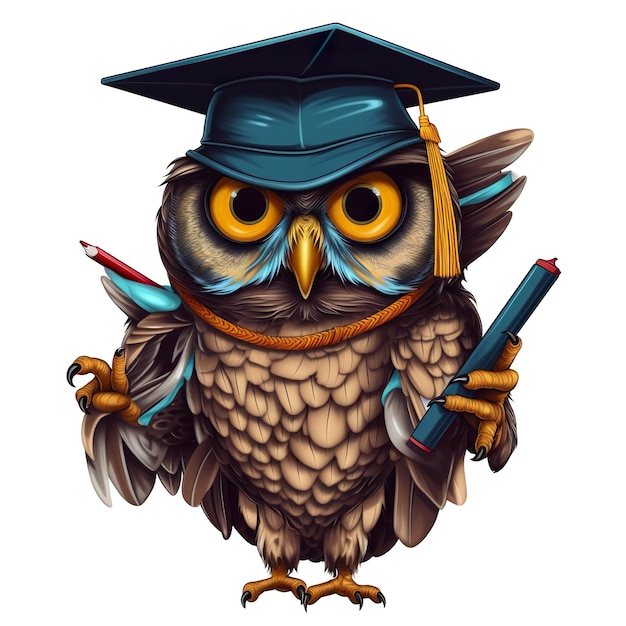 卒業帽をかぶり、白い背景に鉛筆を持ったフクロウの生成 AI イメージ クリップアート