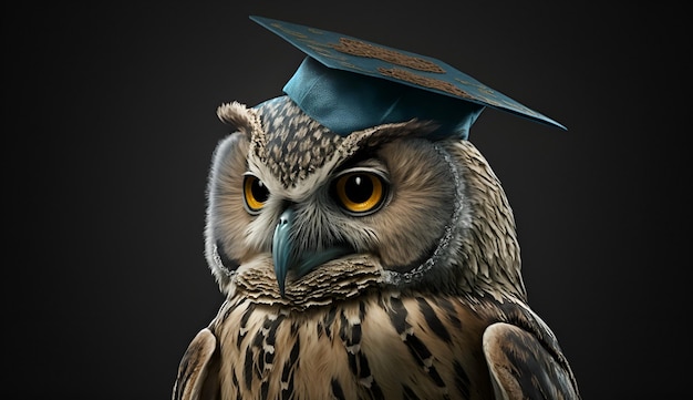 An owl wearing a graduation cap with a blue background.