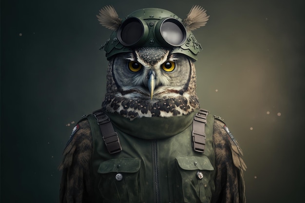 An owl wearing a vest and vest with the word owl on it.