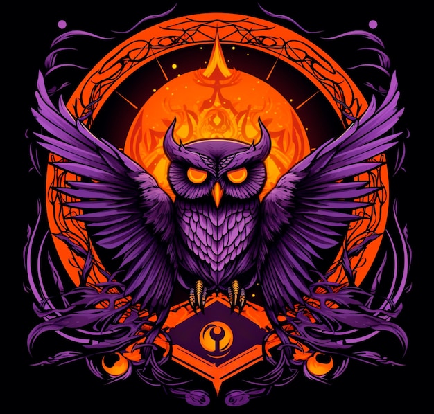 an owl with black orange and purple background