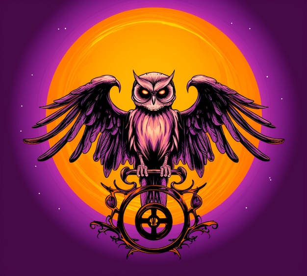 an owl with black orange and purple background