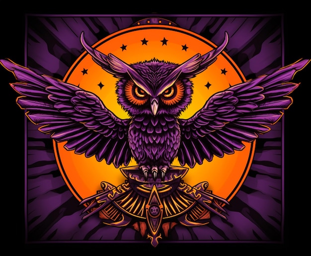 an owl with black orange and purple background