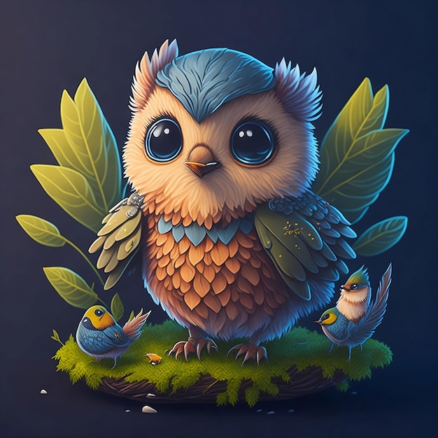An owl with blue eyes and blue eyes stands on green grass