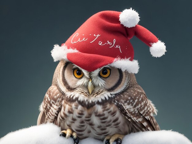 A owl with christmashat with hand wrting