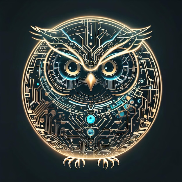 An owl with a circuit board in the center.