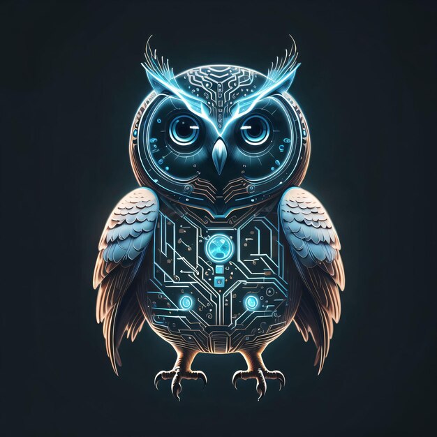 An owl with a circuit board in the middle of it