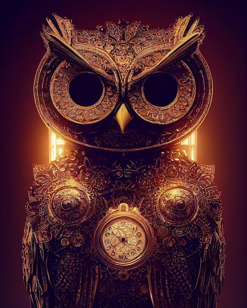 Photo an owl with a clock face and the words owl on it