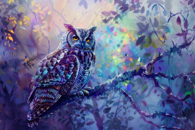 Photo owl with feathers that mimic the northern lights perched in an enchanted grove filled with vibrant hues