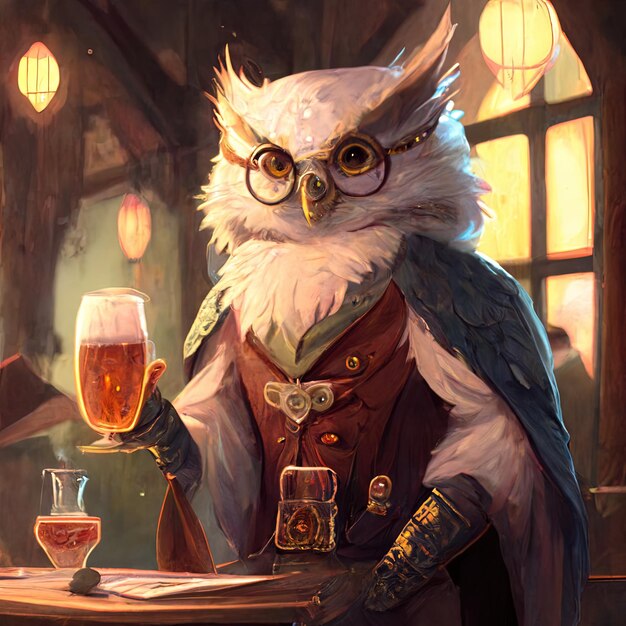 Photo an owl with glasses and a glass of beer