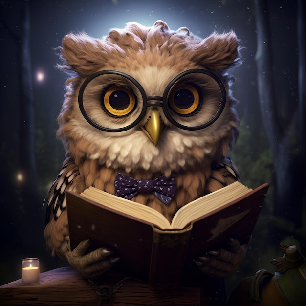 An owl with glasses is holding a book Illustration AI generation